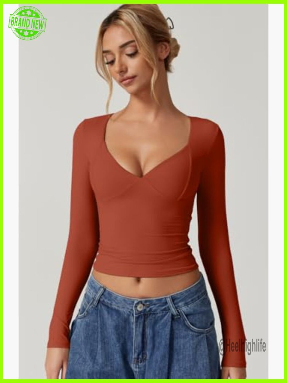 Double Lined Seamed Cup Cropped Long Sleeve V-Neck T-Shirt - Picture 5 of 7